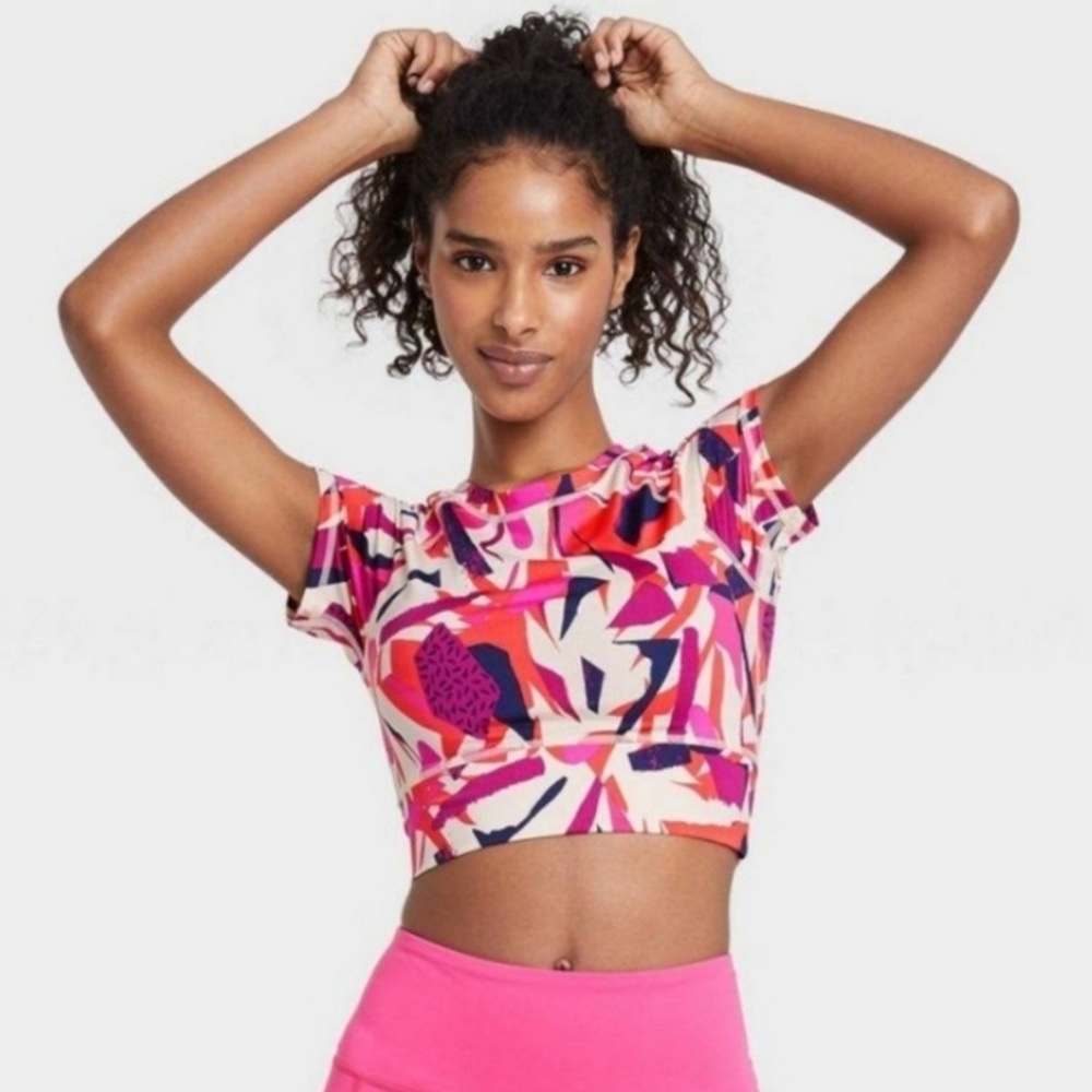 J. Dow Fitness Womens Top Pink Geometric Artwork Workout Stretch Crop
